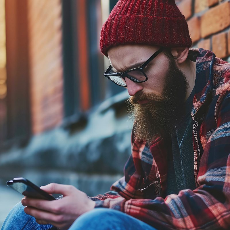 Man wearing a flannel shirt and beanie, looking at cellphone 